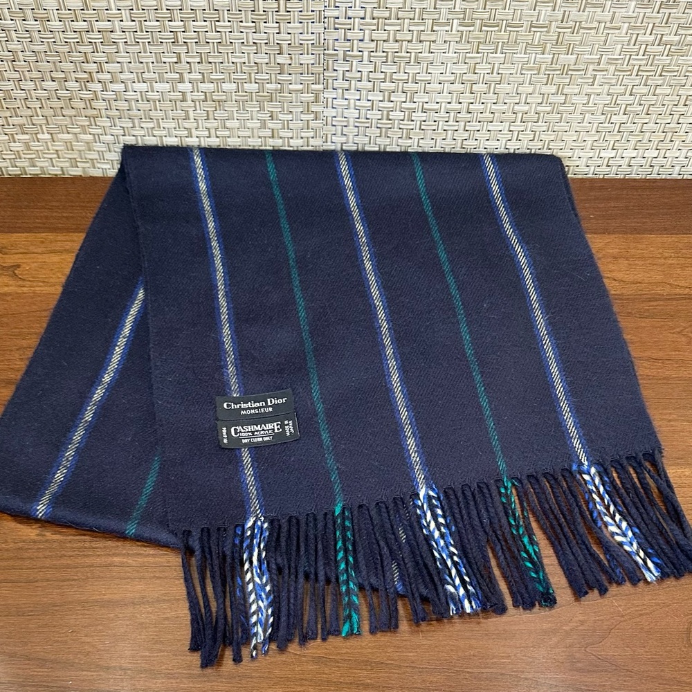 🌟HP🌟VTG 1970-80s Christian Dior Monsieur Navy & Green Pinstripe Cashmaire Scarf